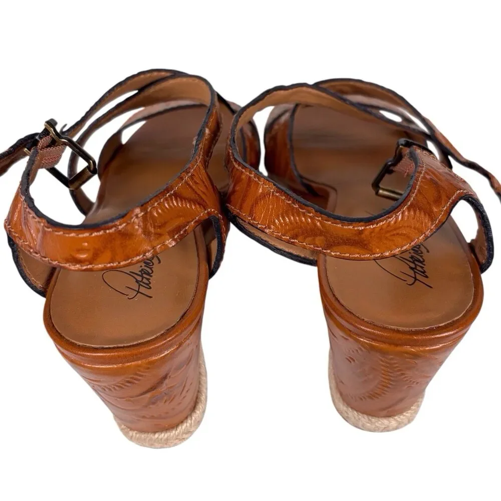 Patricia Nash Rafa Tooled Leather Espadrille Wedge Sandals Whiskey Size 10
